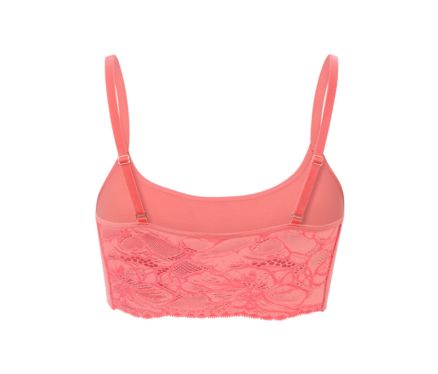 Detail bezšvovej podprsenky s čipkou, v papájovej farbe, zozadu.