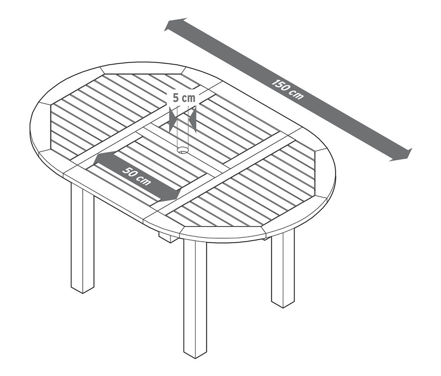 Nákres okrúhleho rozkladacieho stola s vyznačenými rozmermi.
