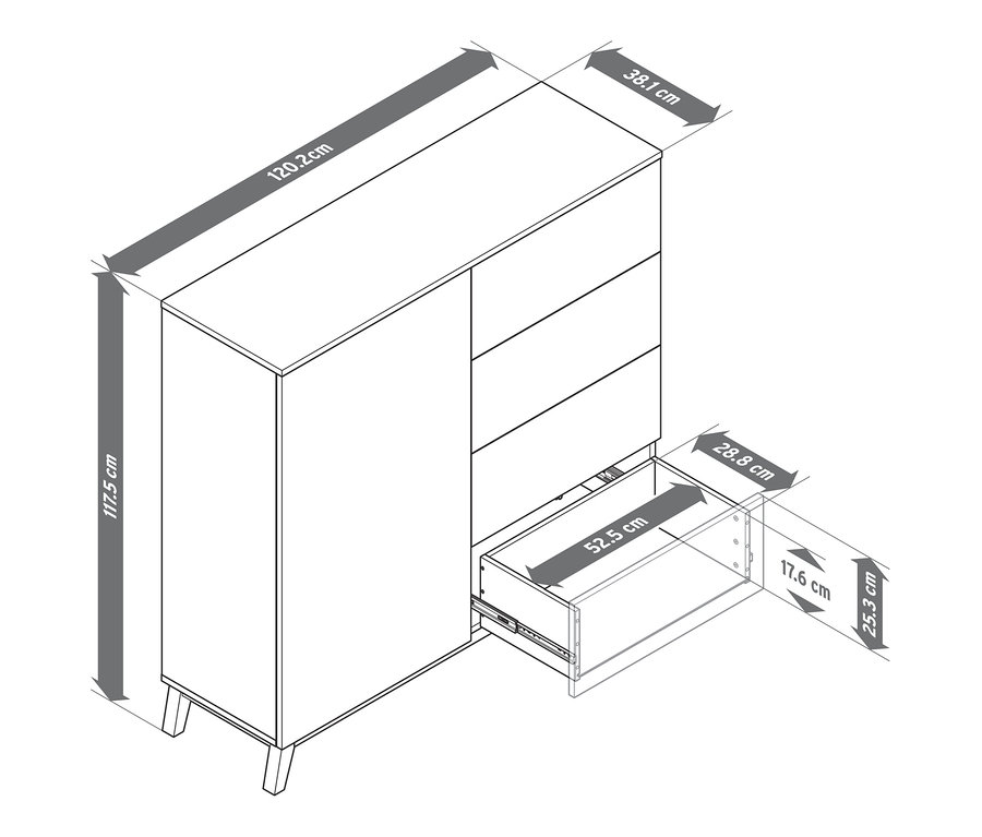 Nákres komody s otvorenou zásuvkou a vyznačenými rozmermi.