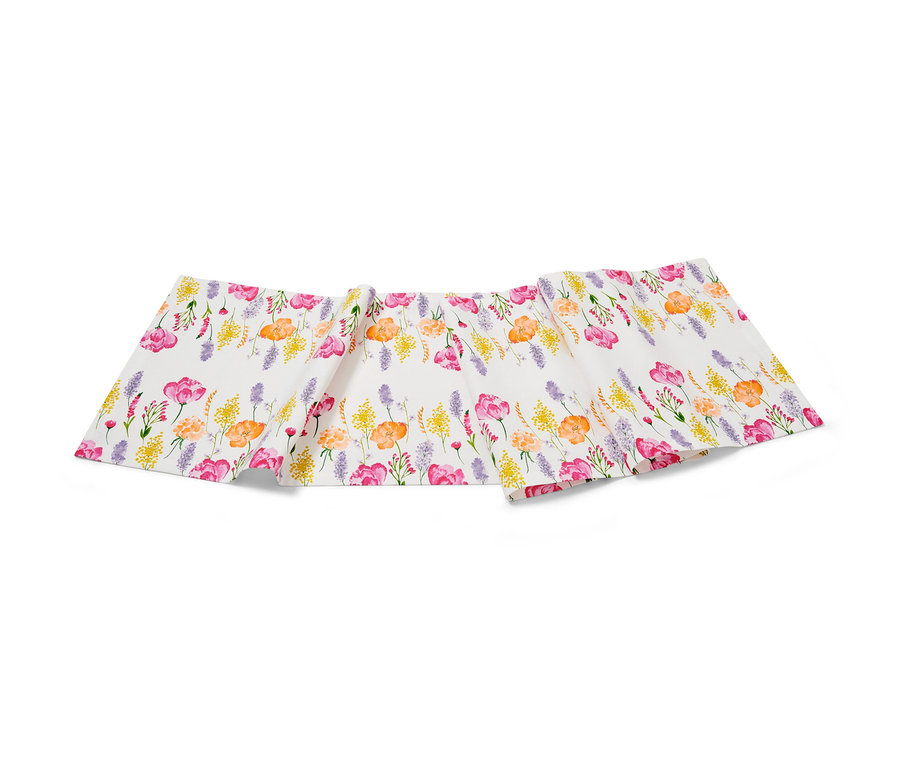 Behúň na stôl, biely s kvetinovou potlačou.