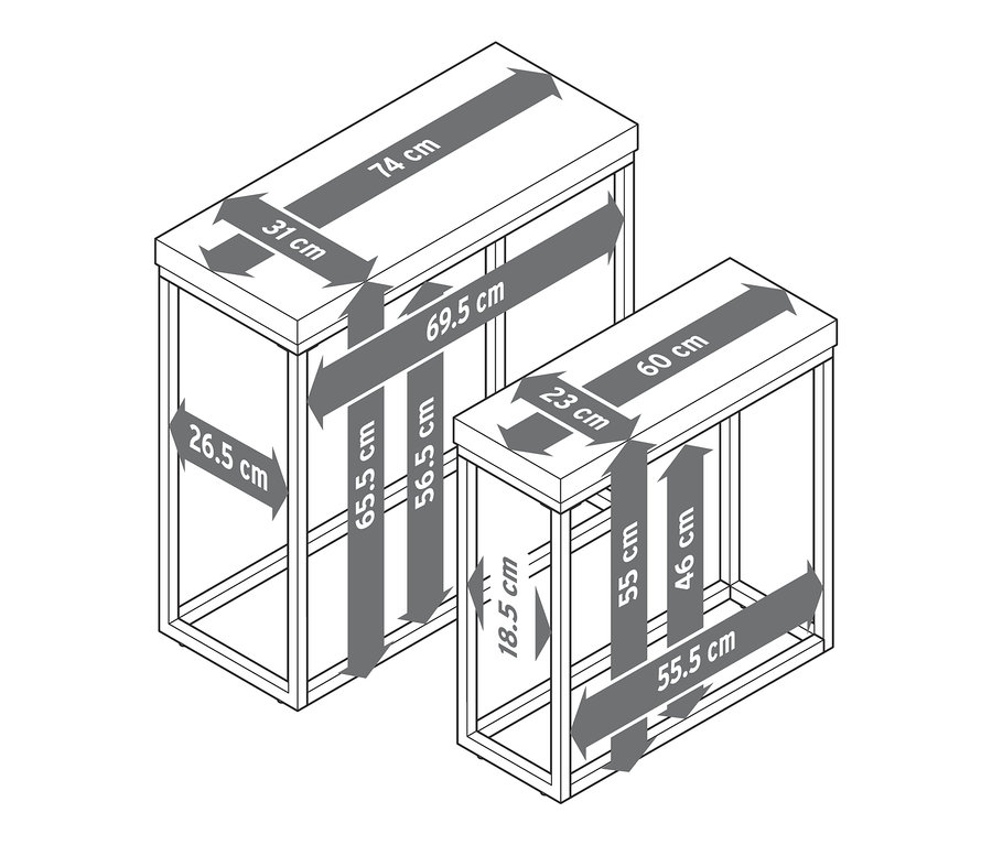 Nákres s rozmermi súpravy konzolových stolíkov s doskou stola z polycementu.