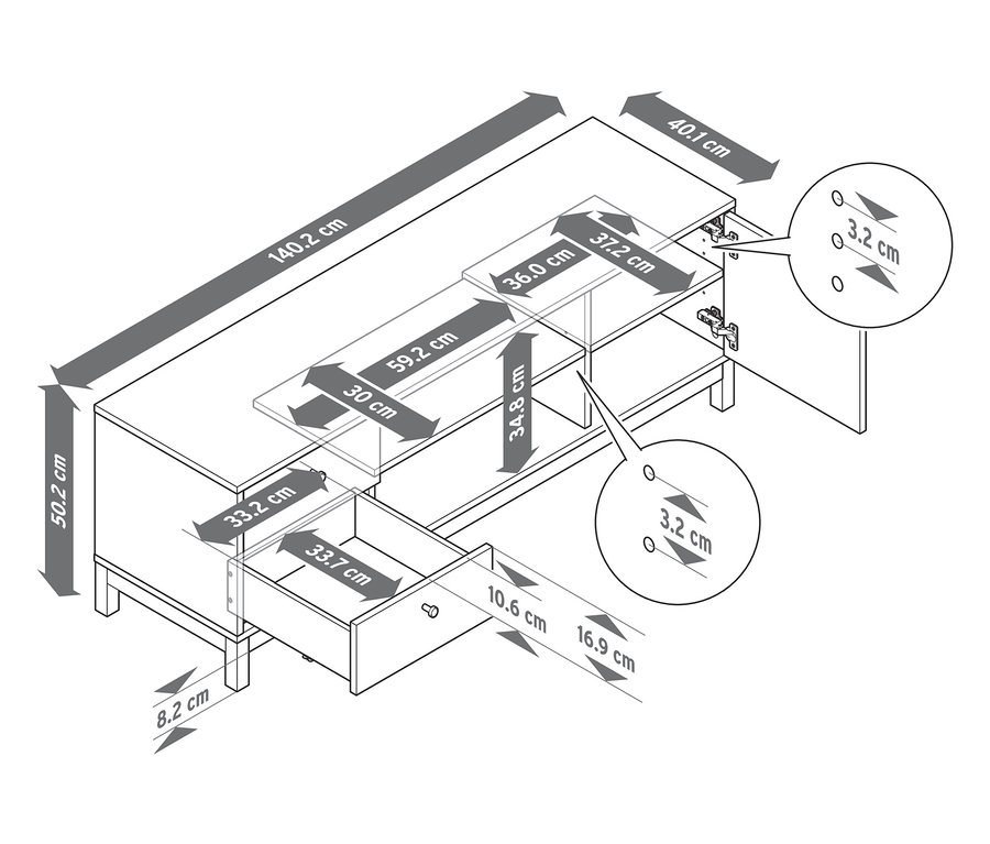 Schéma znázorňuje rozmery Lowboardu.