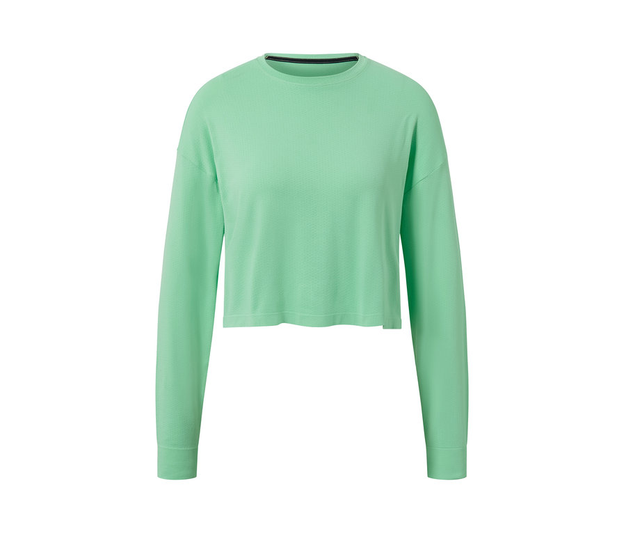 Svetlozelené bezšvové funkčné tričko s dlhými rukávmi na bielom pozadí.