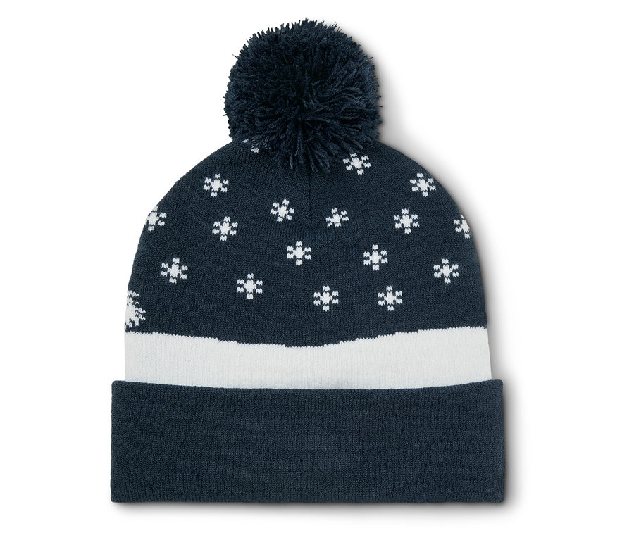 Tmavo modrá pletená čiapka s bielymi snehovými vločkami a brmbolcom.