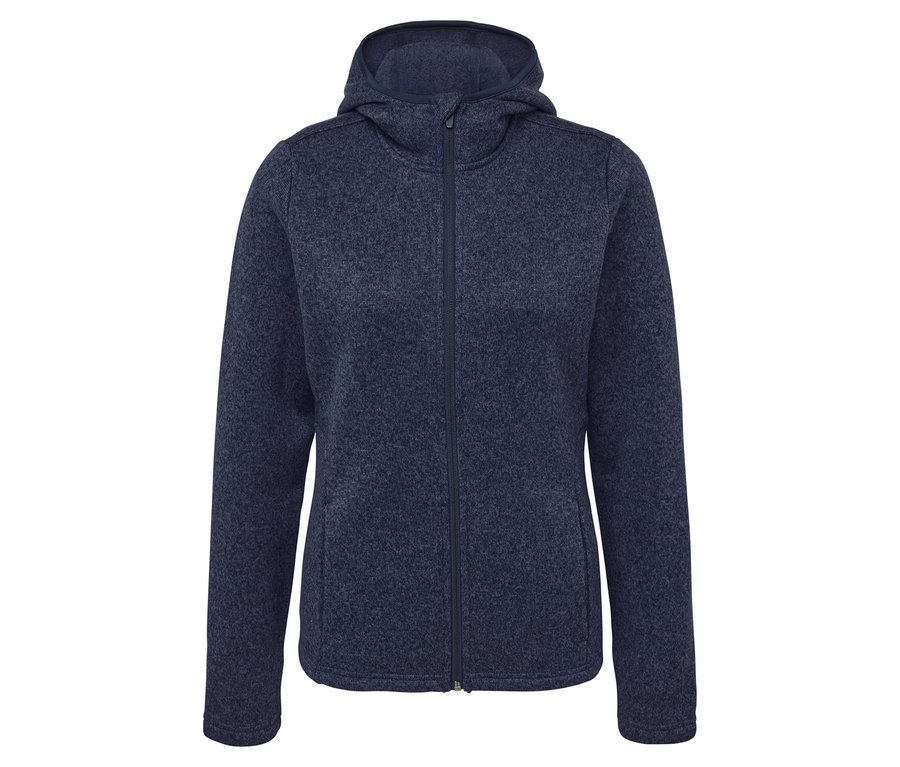 Tmavo modrá flísová bunda s kapucňou a zipsom v strede.