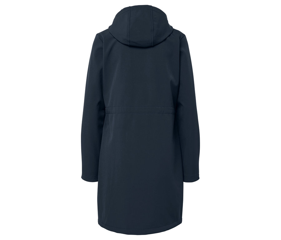 Tmavomodrá bunda s kapucňou, pohľad zozadu.