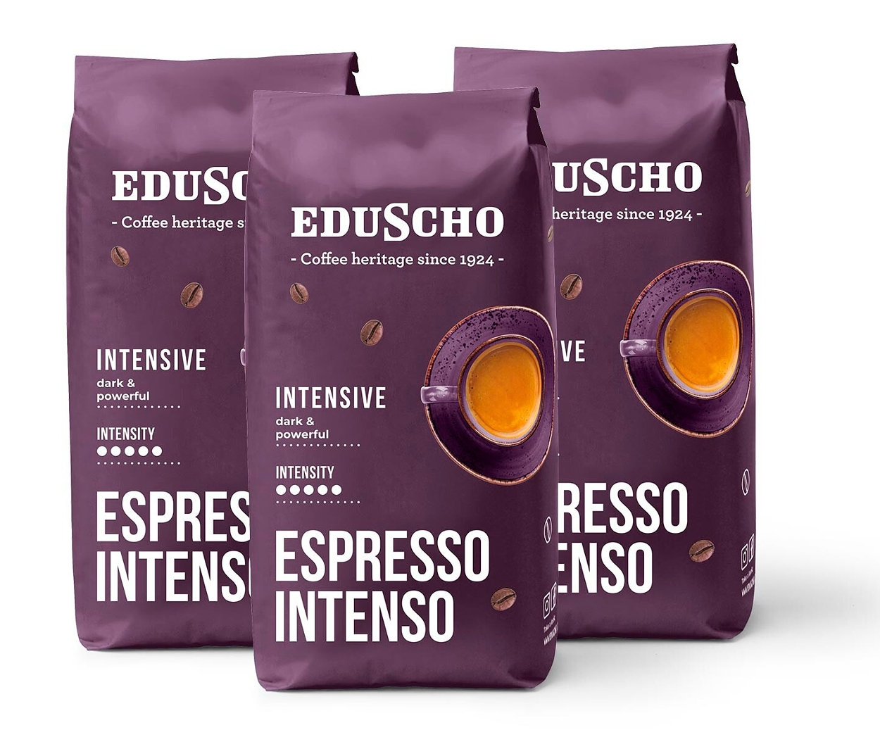 Tri fialové balíčky Eduscho Espresso Intenso zrnkovej kávy.