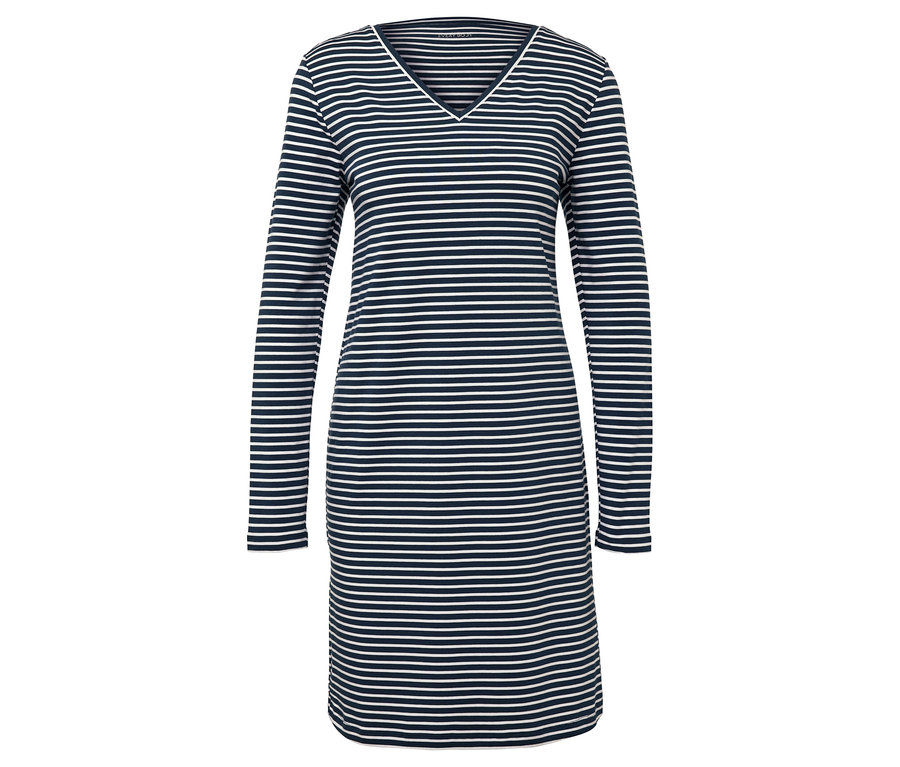 Modro-biele pruhované šaty s dlhým rukávom a výstrihom do V.