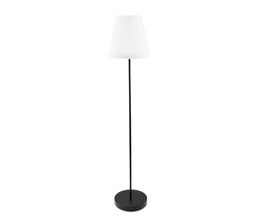 Čierna LED stojacia lampa s bielym tienidlom, outdoorová.