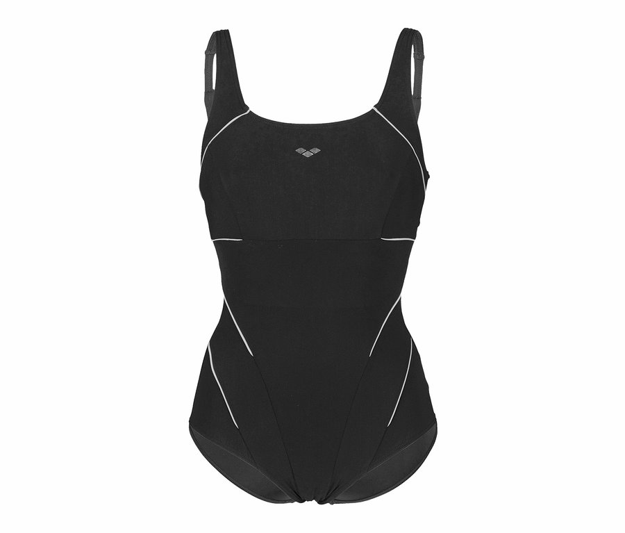 Čierne dámske plavky arena Shapewear Jewel R Low C-Cup s bielymi detailmi.