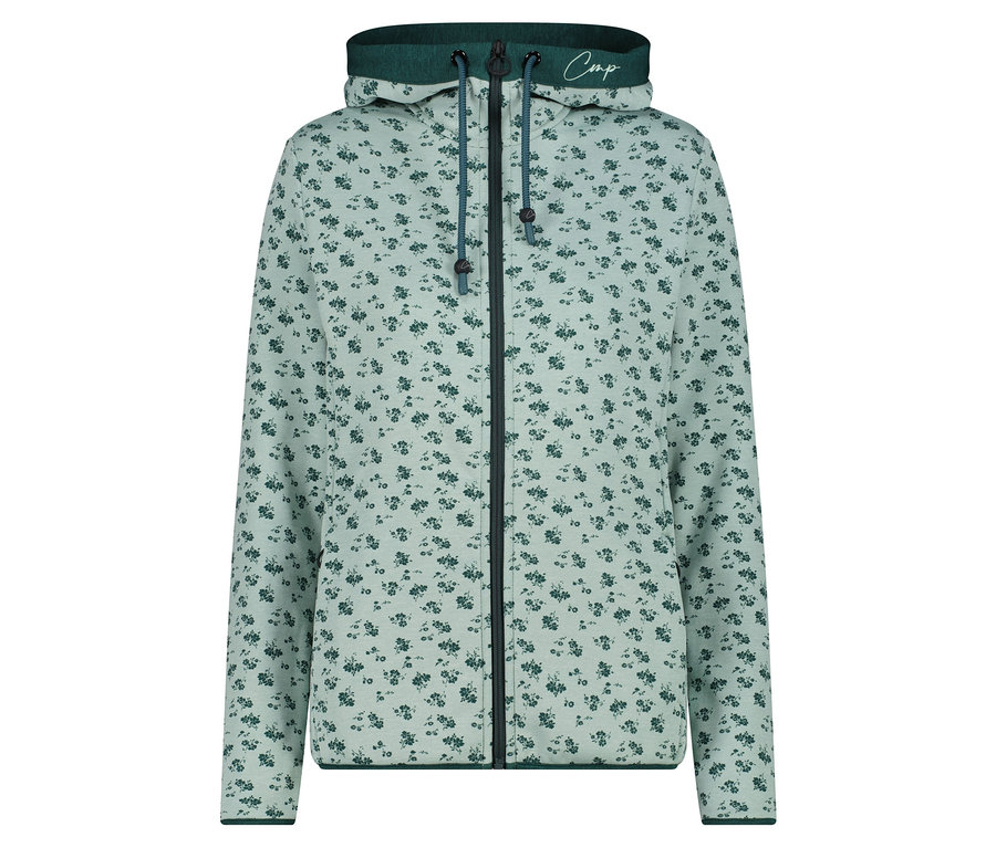 Svetlozelená mikina s kapucňou na zips, potlačená drobnými kvetmi.