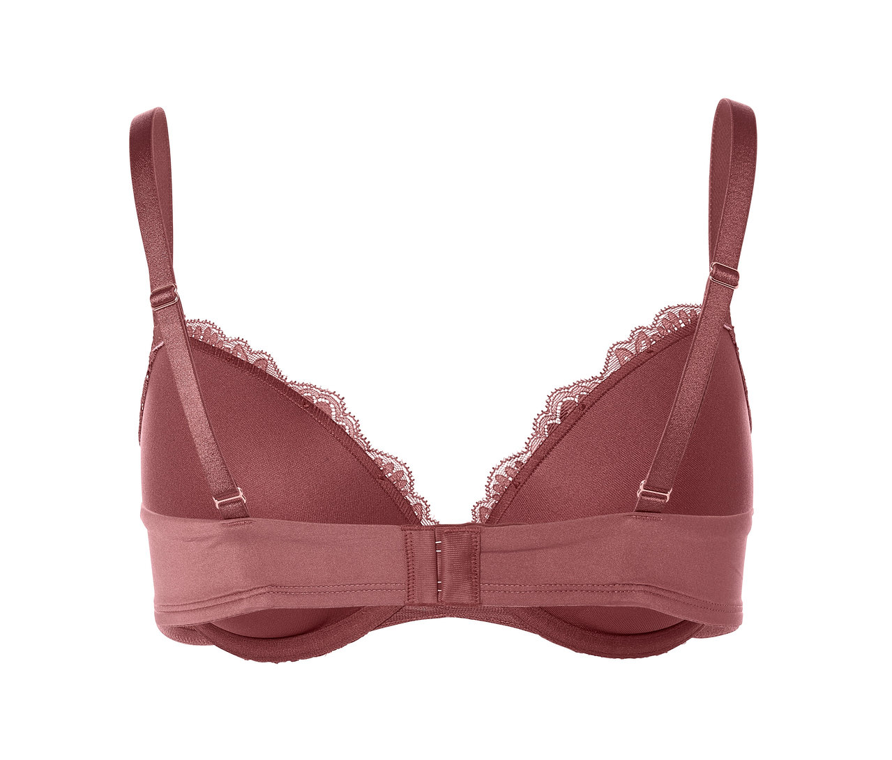 Detailný záber zozadu bordovej push-up podprsenky s čipkou, ktorá má nastaviteľné ramienka a háčikové zapínanie.