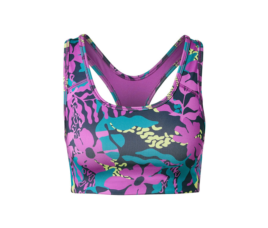 Detail športovej podprsenky s kvetinovým vzorom.