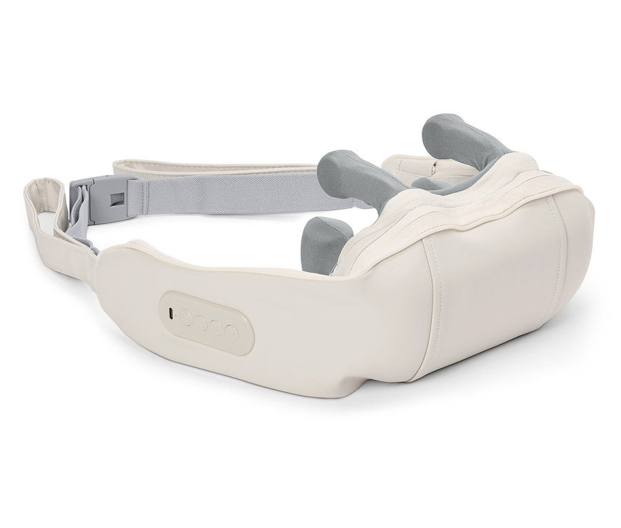 Detailný záber bieleho masážneho prístroja na krk so sivými masážnymi hlavicami a nastaviteľným popruhom.