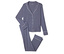 Tmavo modré pyžamo s bielym lemovaním, košeľa na gombíky a nohavice.