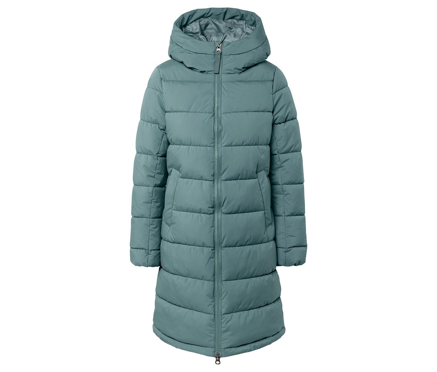 Tyrkysová prešívaná páperová bunda s kapucňou.