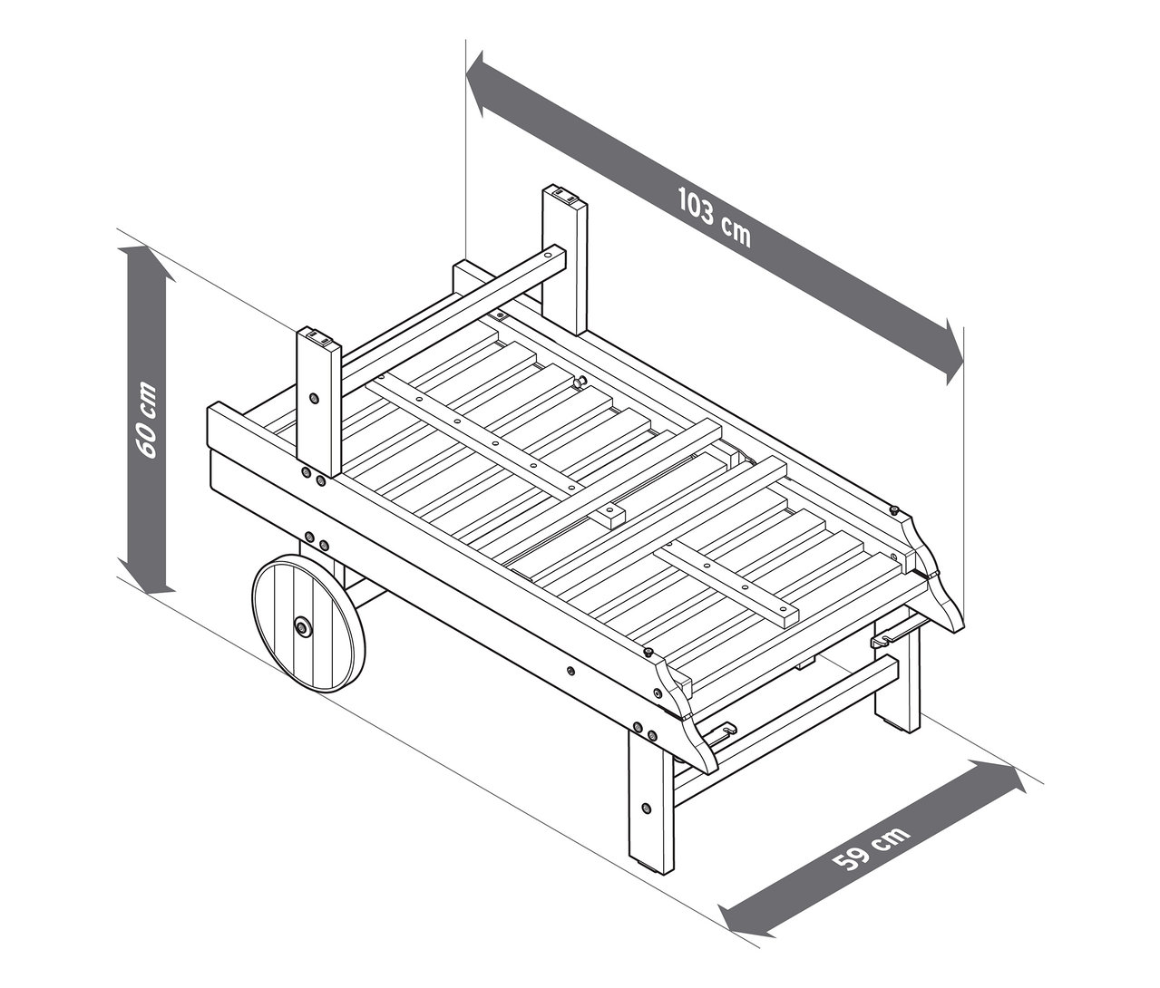 Obrázok zobrazuje klasické záhradné ležadlo s rozmermi 103 cm dĺžka, 60 cm výška a 59 cm šírka.