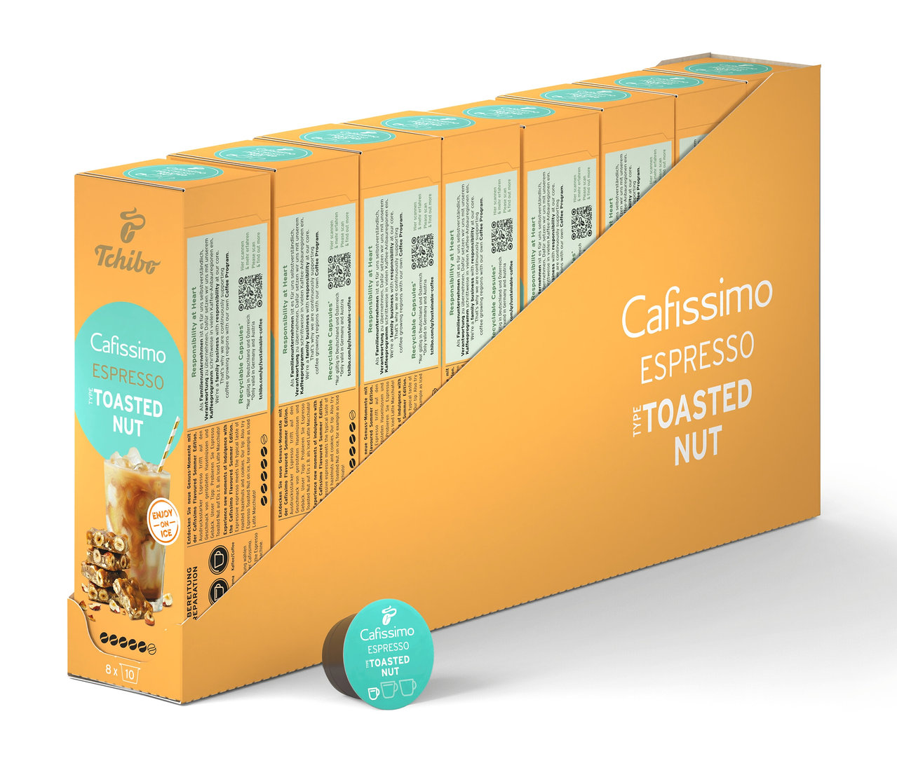 Rad balení kapsúl Cafissimo Flavoured Espresso - Tostaed Nut v žltom držiaku a jedna kapsula.