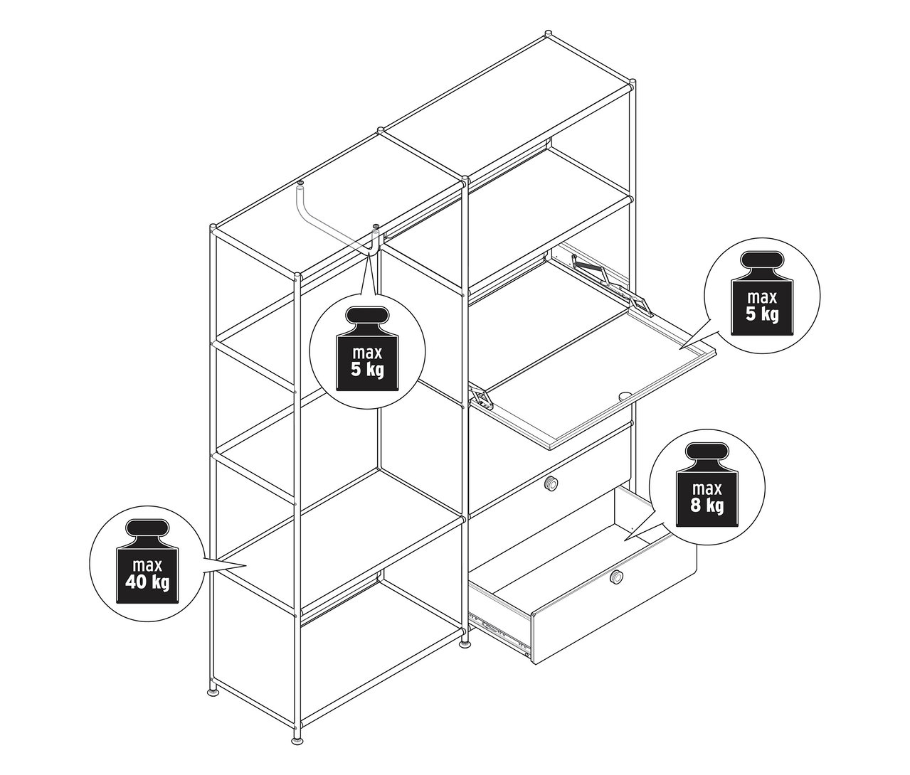 Pohľad zhora na kovový regál s dvomi výklopnými priehradkami a dvomi zásuvkami a informáciami o hmotnosti.