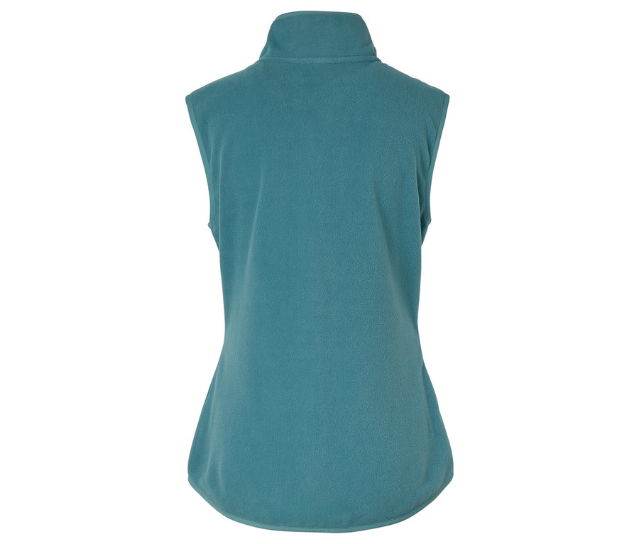 Pohľad zozadu na tyrkysovo-modrú flísovú vestu bez rukávov so zapínaním na zips.