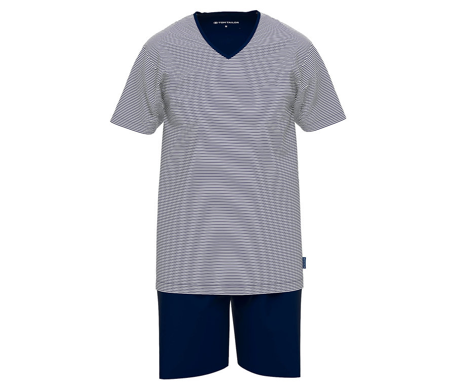 Pyžamo s krátkym rukávom s prúžkami a véčkovým výstrihom a tmavomodré krátke nohavice.