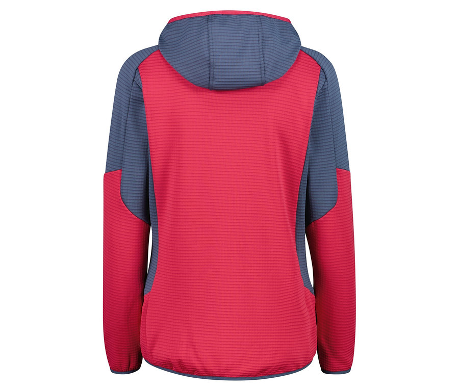 Pohľad zozadu na červeno-modrú bundu s kapucňou.