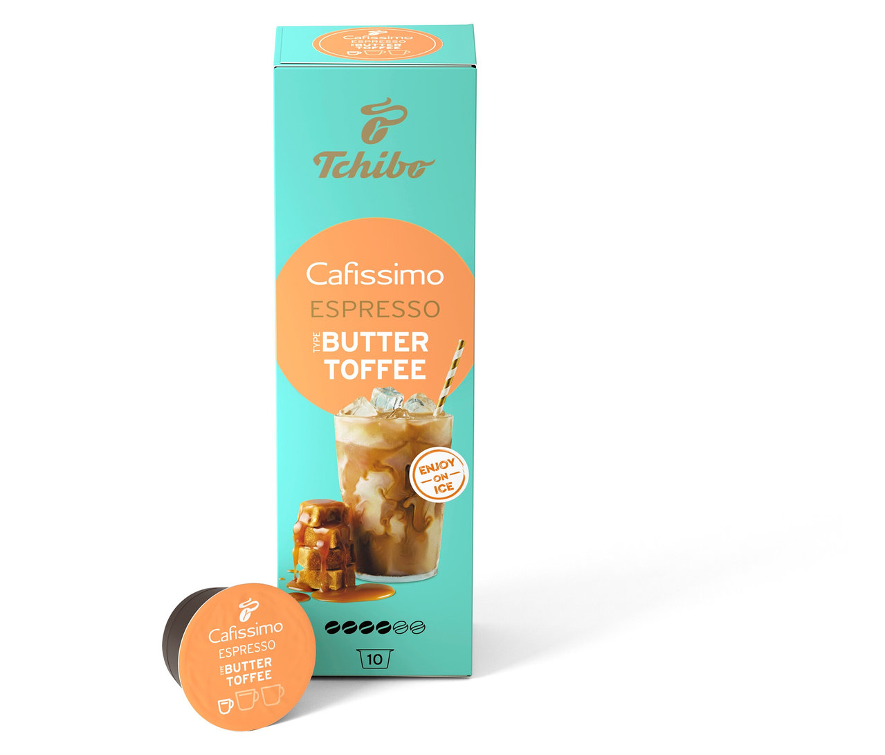 Balenie kapsúl Cafissimo Flavoured Espresso - Buttertoffee stojí vedľa dvoch samostatných kapsúl.