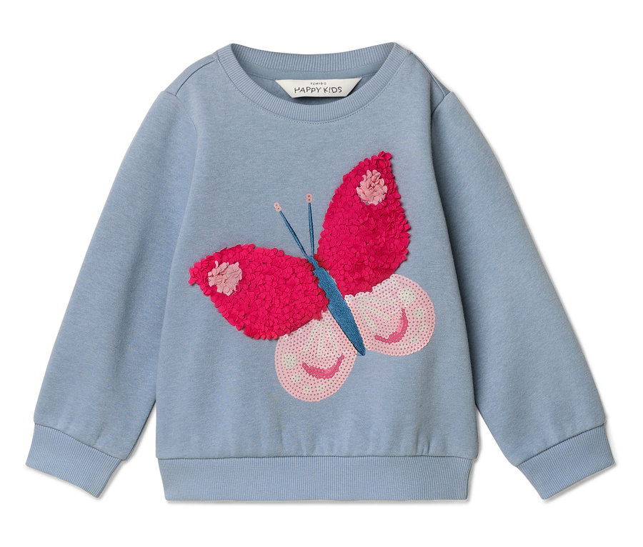 Svetlomodrá mikina s červenou potlačou motýľa.