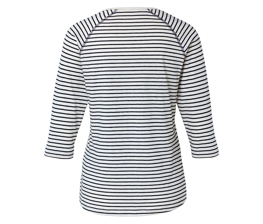 Pohľad zozadu na pruhované tričko s dlhým rukávom a trojštvrťovými rukávmi.