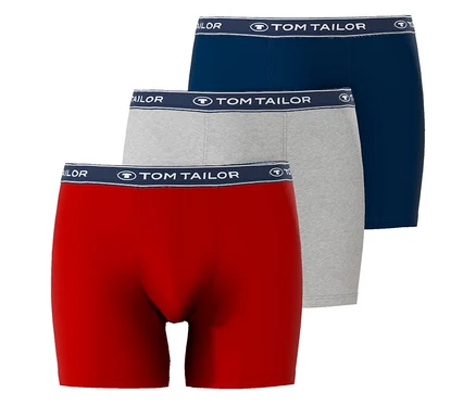 Troje boxeriek Tom Tailor v červenej, sivej a modrej farbe leží na sebe.