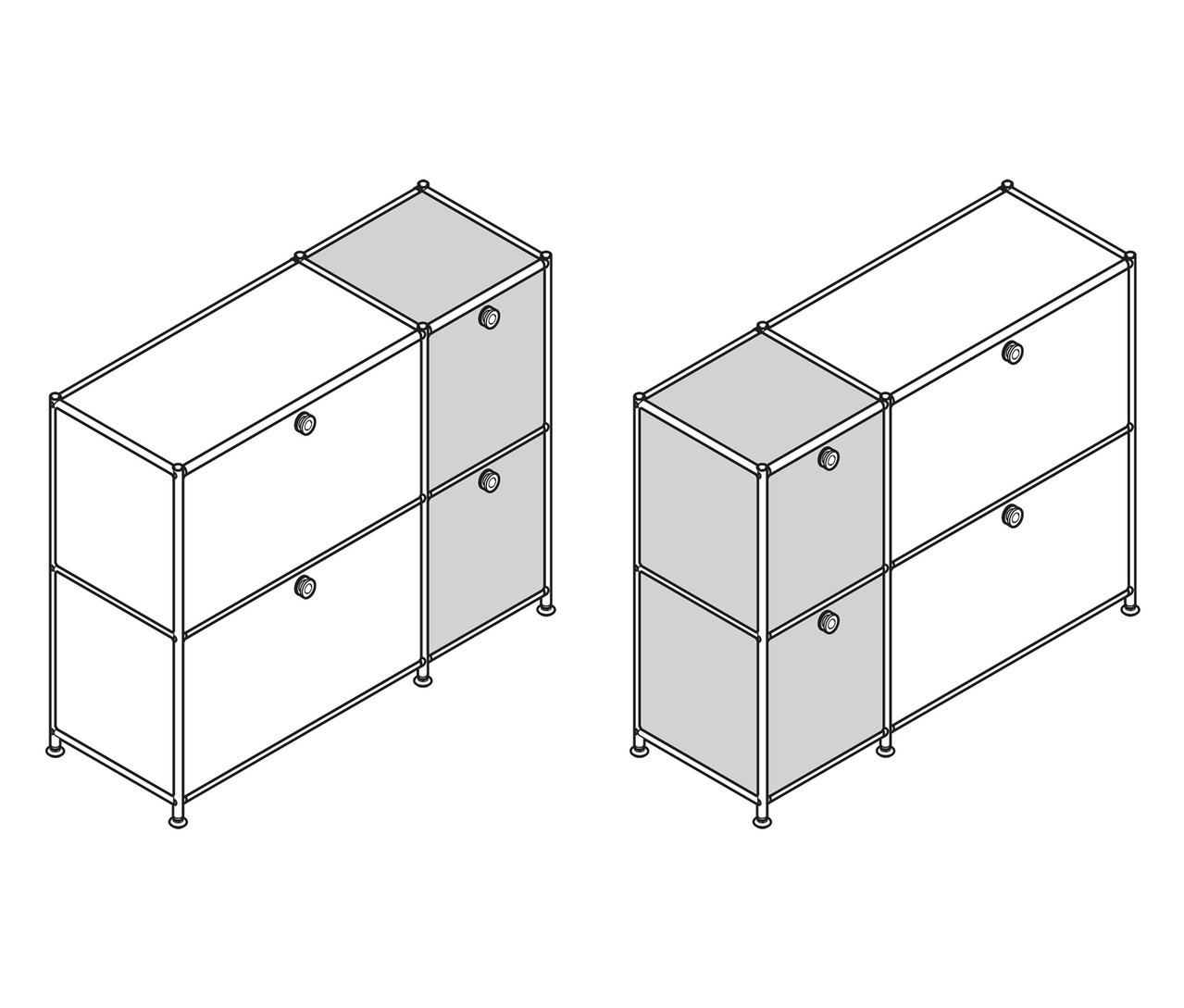 Dve odkladacie skrinky »CN3« so 4 výklopnými priečinkami, jedna sivo-biela, druhá celá sivá.