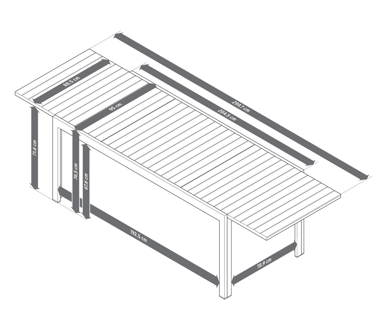 Ilustrácia rozťahovacieho hliníkového záhradného stola »Liska«, cca 200 ‒ 300 cm.