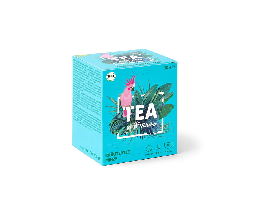 Balenie BIO TEA by Tchibo mäta s obrázkom kakadu a tropických listov.
