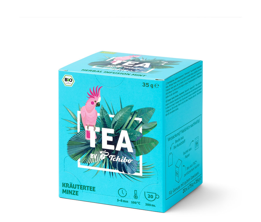 Balenie BIO TEA by Tchibo mäta 8 x 20 x 1,75 g na svetlom pozadí.