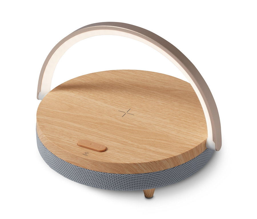 Bluetooth reproduktor s bezdrôtovou nabíjačkou a LED nočným svetlom.