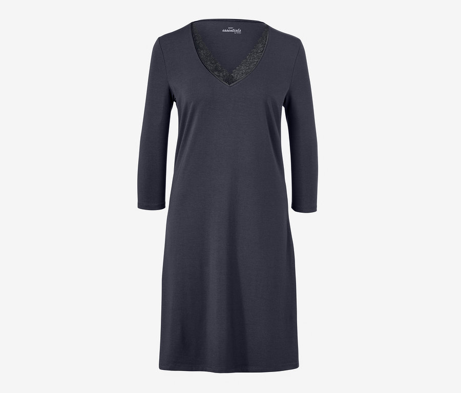 Tmavomodrá nočná košeľa s trojštvrťovými rukávmi a čipkou na výstrihu do V.