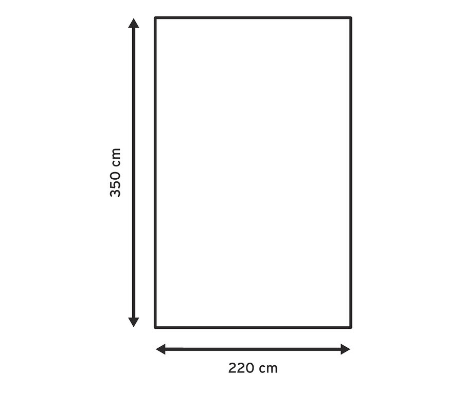 Nákres obdĺžnikového koberca na použitie vonku a koberca do stanu s rozmermi 220 x 350 cm.