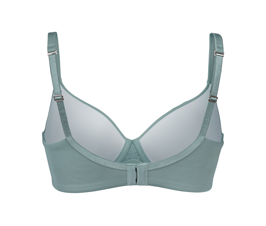 Pohľad zozadu na podprsenku s košíčkami s pamäťovým efektom v pistáciovej farbe.