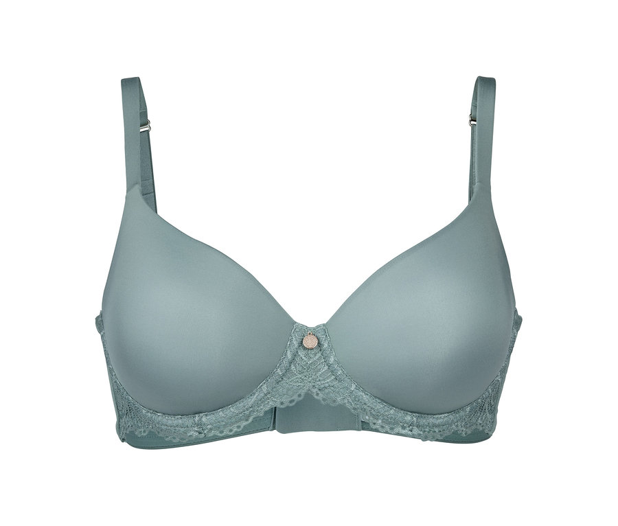 Zelená podprsenka s košíčkami a pamäťovým efektom na bielom pozadí.