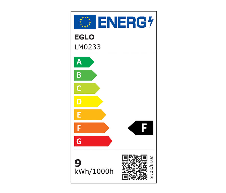 Energetický štítok EGLO LM0233 s triedou energetickej účinnosti F a spotrebou 9 kWh/1000h.