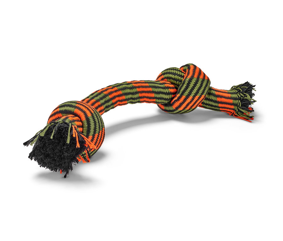 Hračka pre psy »Lano« s uzlami a strapcami v oranžovej, olivovej a čiernej farbe.