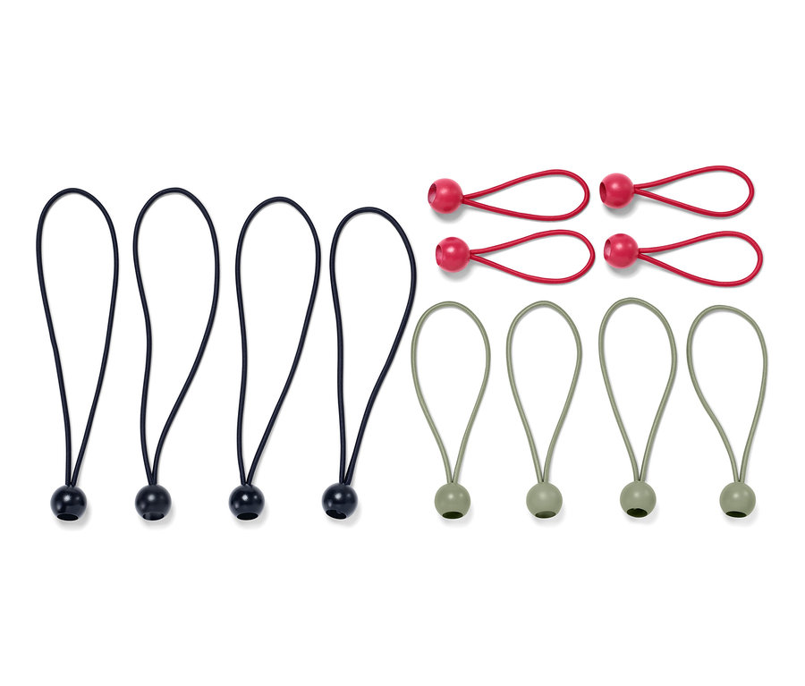 Dvanásť napínacích gúm s guľôčkou v čiernej, červenej a zelenej farbe.