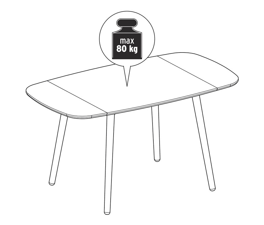 Nákres skladacieho jedálenského stola s maximálnou nosnosťou 80 kg.