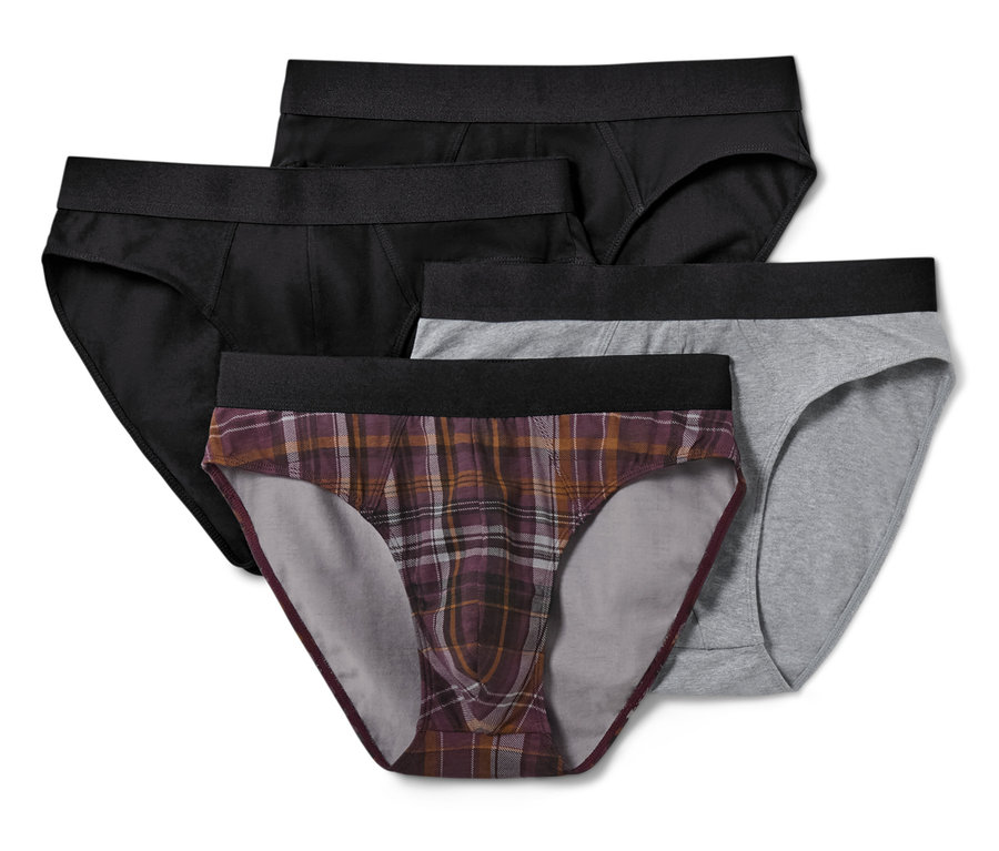 Štyri kusy pánskych slipov: dvoje čierne, jedny sivé a jedny kárované.