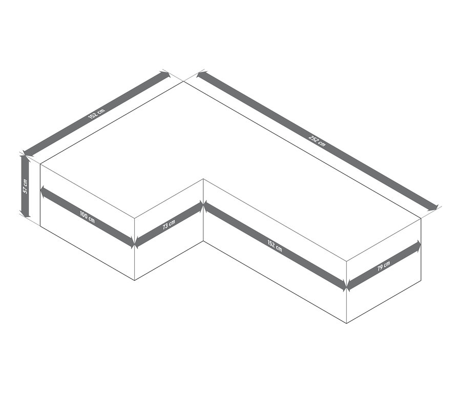 Nákres prémiového krycieho obalu na veľký rohový lounge nábytok s vyznačenými rozmermi.
