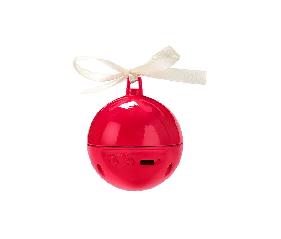 Červená spievajúca vianočná guľa s bielou stuhou.