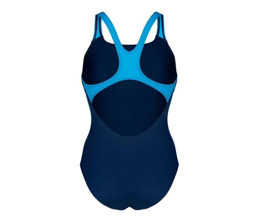 Detailný pohľad zozadu na dámske plavky arena Performance Damen Two Sides Swim Pro Back Badeanzug v modrej a tyrkysovej farbe.