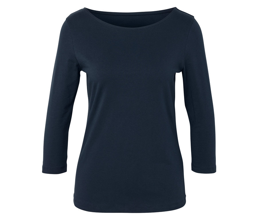 Tmavomodré tričko s 3/4 rukávmi a okrúhlym výstrihom.