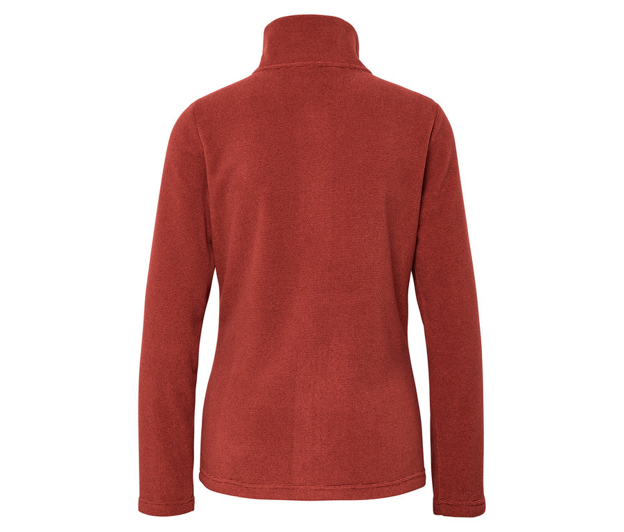 Pohľad zozadu na oranžovú flísovú mikinu s dlhými rukávmi a vysokým golierom.