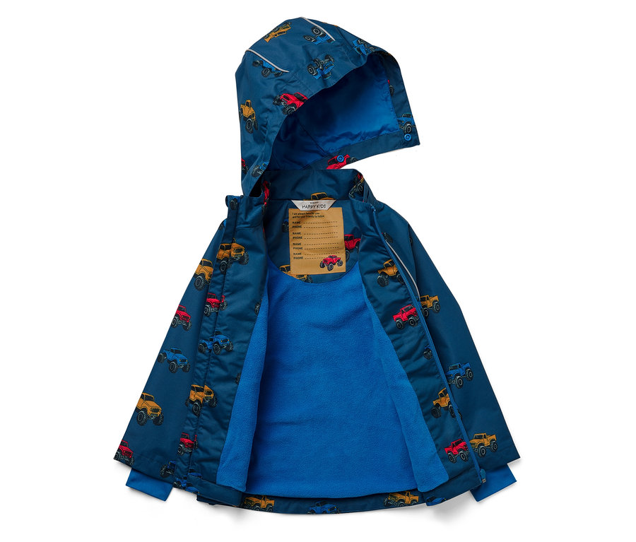 Otvorená modrá detská bunda s kapucňou a vzorom monster truckov.